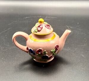 Vintage Miniature Ceramic Teapot Pink Floral Rose Gold Trim Decorative Tea Party